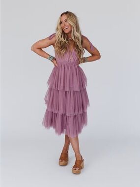 Tiered Tulle Midi Dress in Dusty Mauve